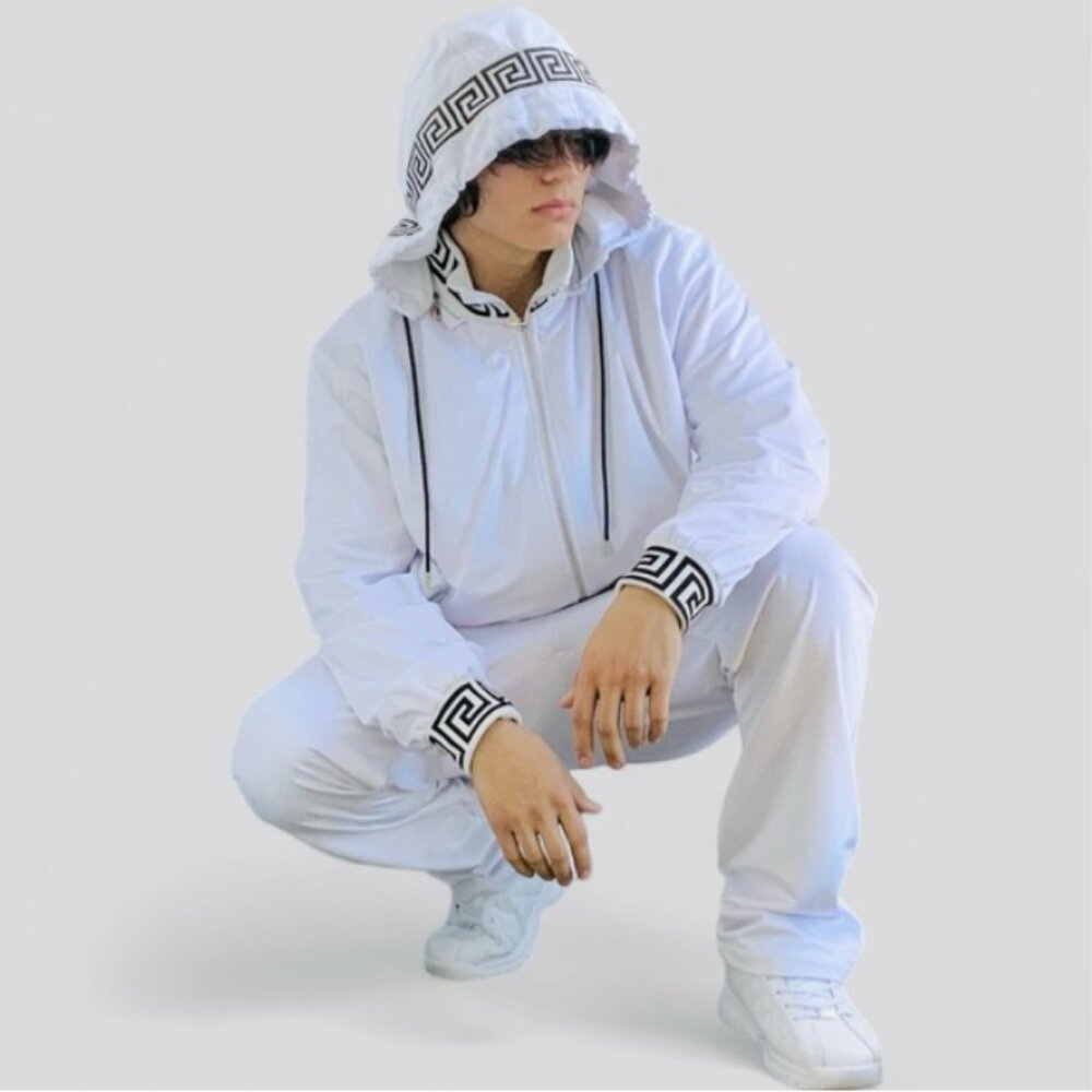 Men’s Manzini White | Black Velvet Hooded Casual Tracksuit NWT